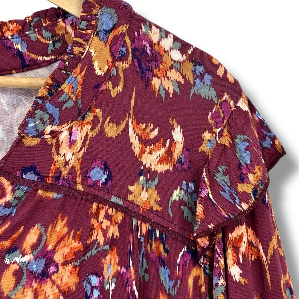 New Democracy Ruffle Collar Floral Print Knit Shirt Plus Size 3X Berry Purple - Picture 4 of 11